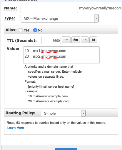 Redirect e-mail on your domain quickly and free with ImprovMX and Route 53
